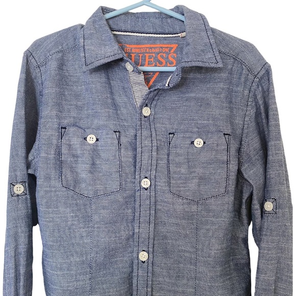 GUESS JEANS Long Sleeve Roll Tab Button Front Blue Cotton Chambray Shirt Sz 5/6 - Picture 3 of 5